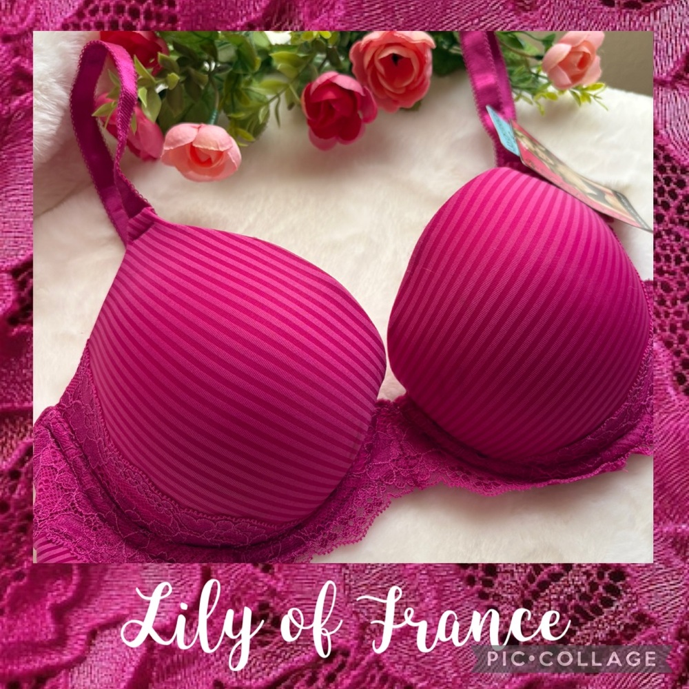 NWT LILY OF FRANCE-34C Magenta Pink Lace Push Up Bra